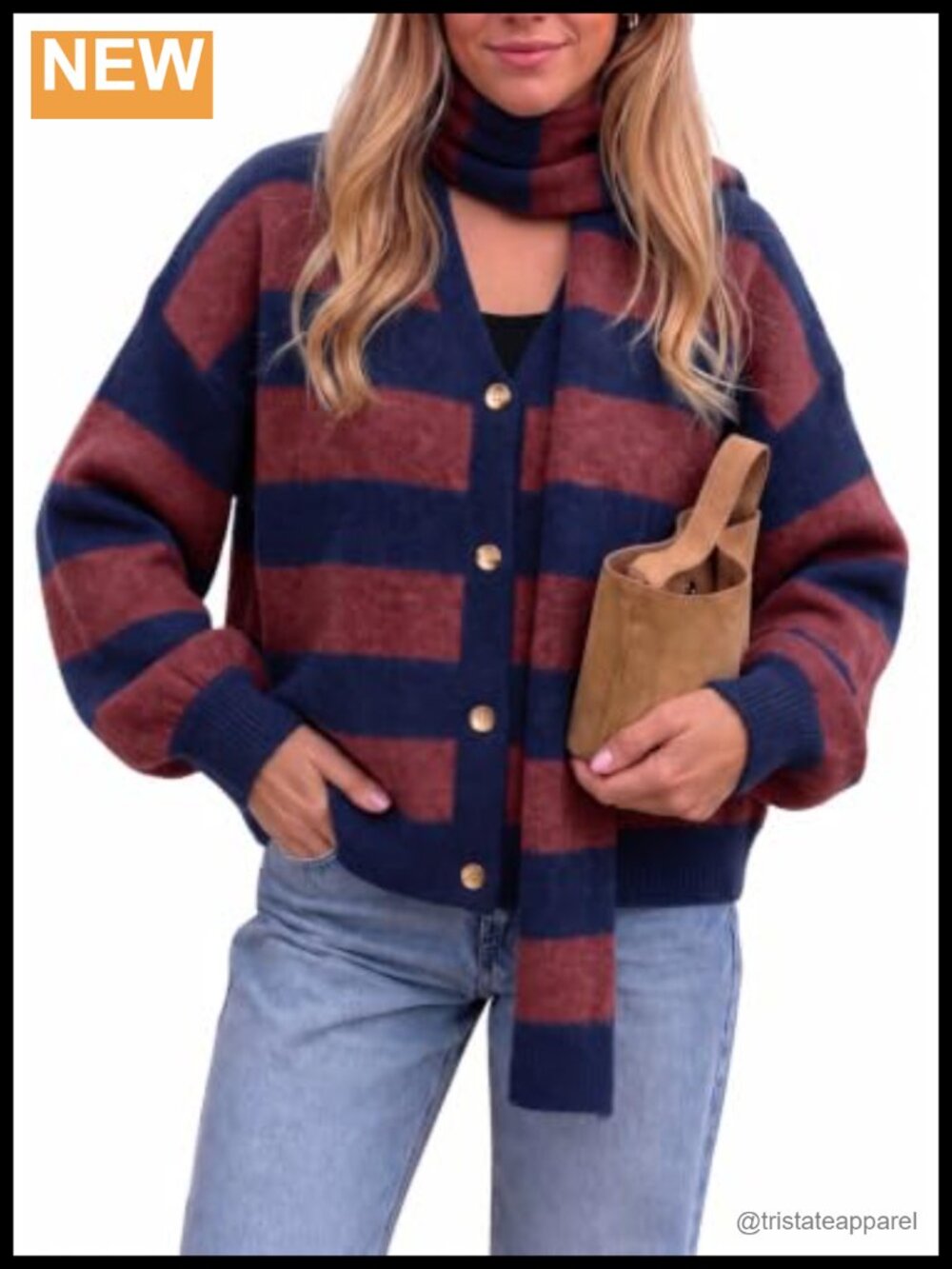 Striped Cardigan Sweater with Matching Scarf Set Long Sleeve Button Knit